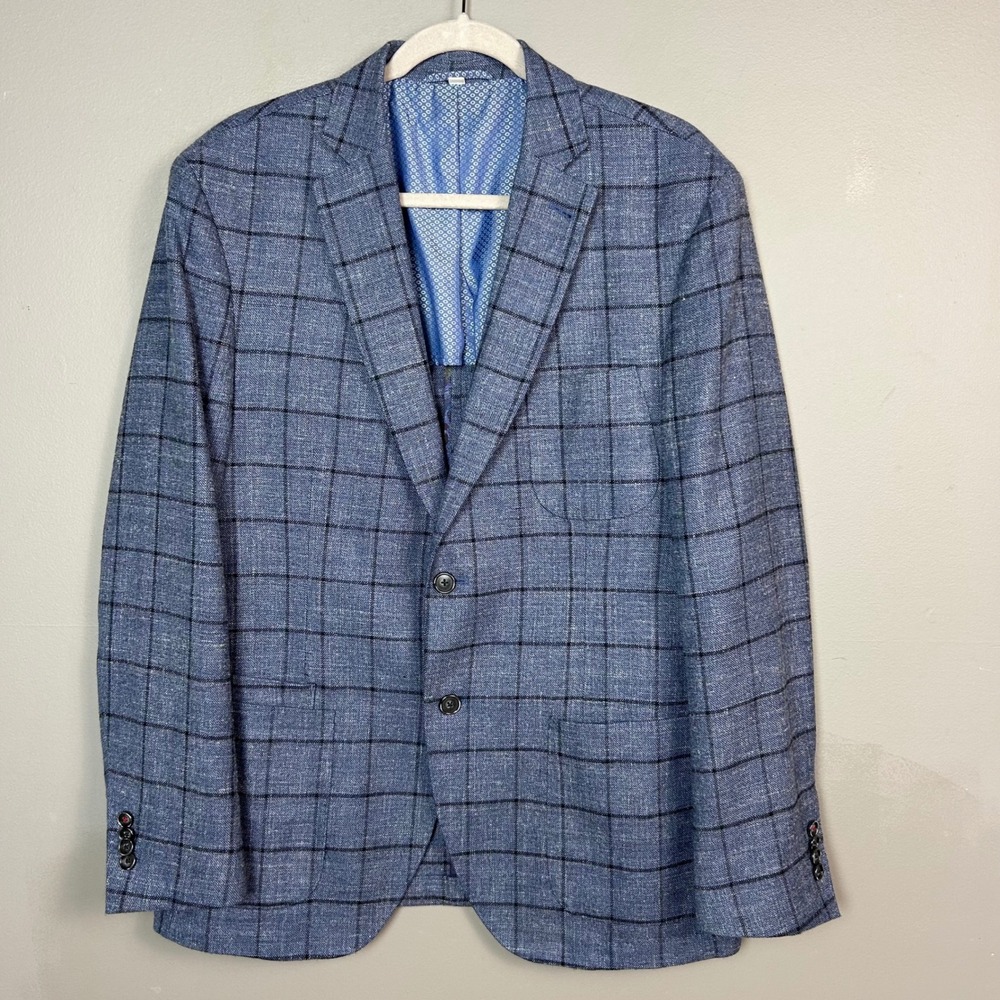 JKT New York Bond Sport Coat Mens 42R Windowpane Plaid Wool Linen Unstructured